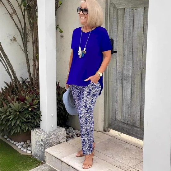 Women Casual Short-Sleeved Top Printed Pants Set