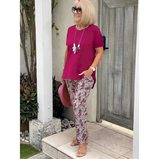 Women Casual Short-Sleeved Top Printed Pants Set