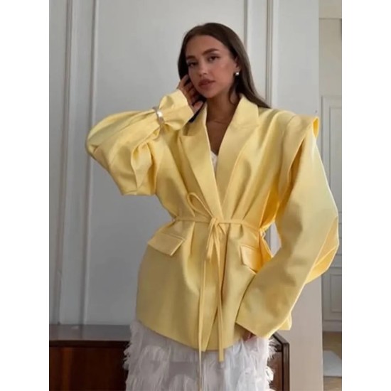 Spring And Autumn Women Tight Waist Lace-Up Shoulder Padded Lapel Blazer