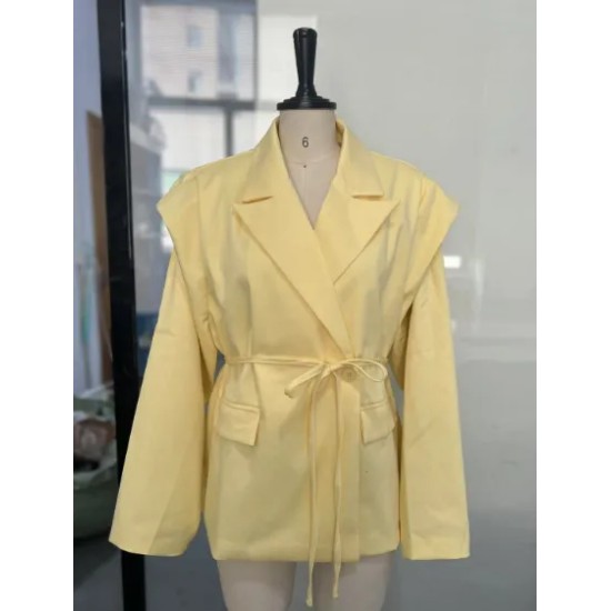 Spring And Autumn Women Tight Waist Lace-Up Shoulder Padded Lapel Blazer