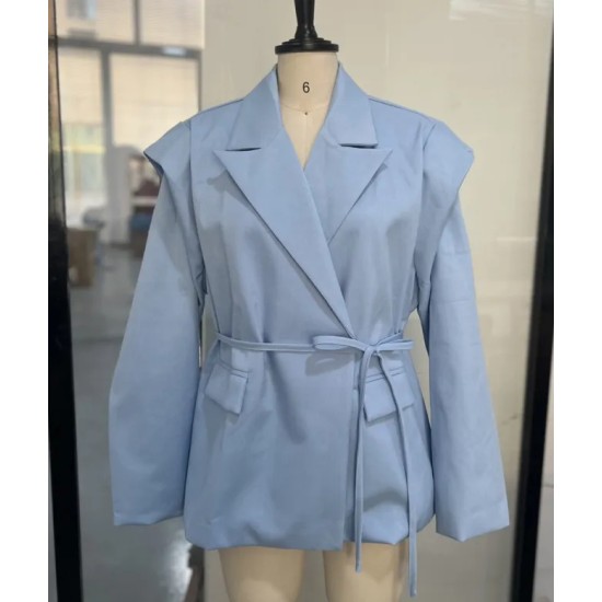 Spring And Autumn Women Tight Waist Lace-Up Shoulder Padded Lapel Blazer