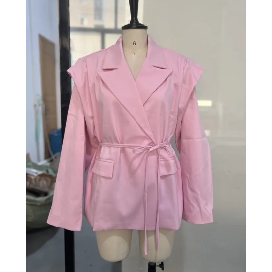 Spring And Autumn Women Tight Waist Lace-Up Shoulder Padded Lapel Blazer