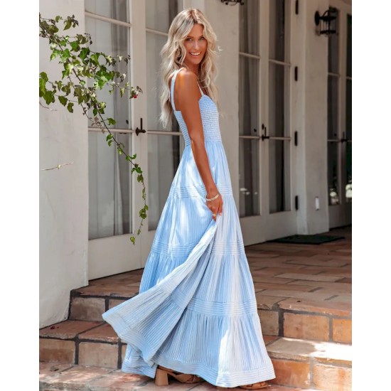 Women Casual Vacation Solid Color Pleated Sleeveless Loose Dress