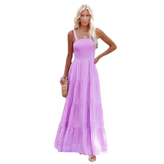 Women Casual Vacation Solid Color Pleated Sleeveless Loose Dress
