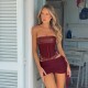 Women Fashion Sexy Solid Color Pu Leather Splicing Tube Top Tight Skirts Two-Piece Set