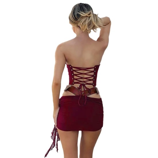 Women Fashion Sexy Solid Color Pu Leather Splicing Tube Top Tight Skirts Two-Piece Set