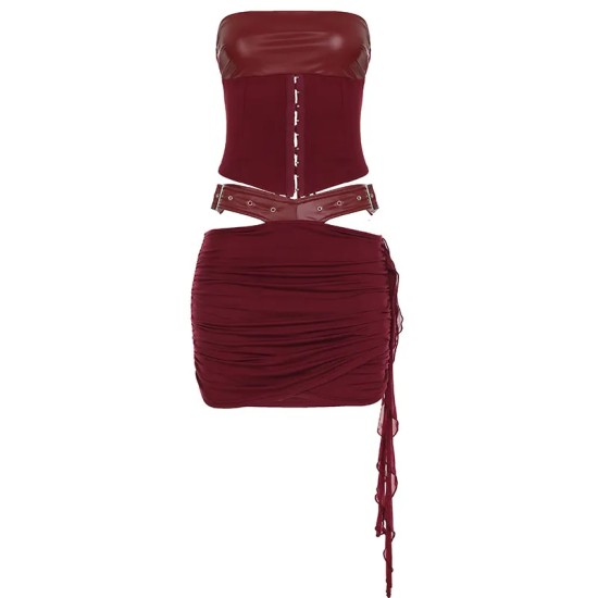 Women Fashion Sexy Solid Color Pu Leather Splicing Tube Top Tight Skirts Two-Piece Set