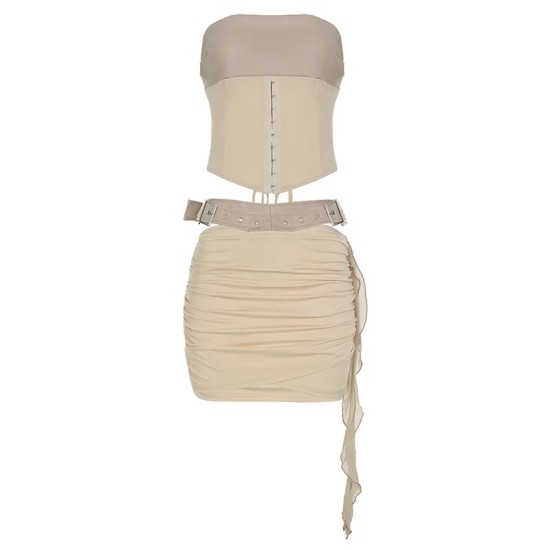 Women Fashion Sexy Solid Color Pu Leather Splicing Tube Top Tight Skirts Two-Piece Set