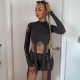 Women Fashion Sexy Solid Color Ripped Long Sleeve Crop Slim Fit Skirt Two-Piece Set