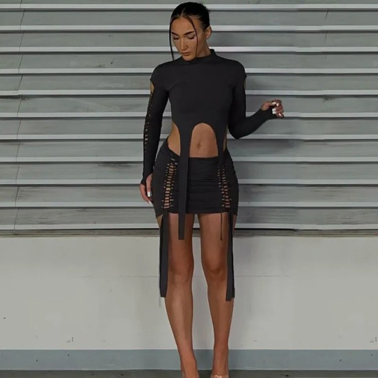 Women Fashion Sexy Solid Color Ripped Long Sleeve Crop Slim Fit Skirt Two-Piece Set