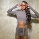 Women Fashion Sexy Solid Color Ripped Long Sleeve Crop Slim Fit Skirt Two-Piece Set
