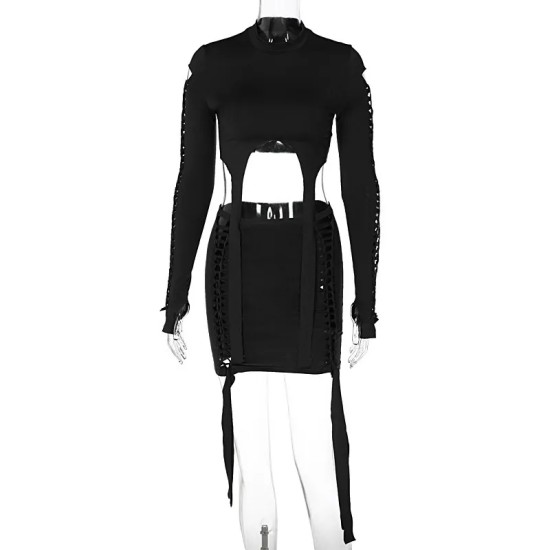 Women Fashion Sexy Solid Color Ripped Long Sleeve Crop Slim Fit Skirt Two-Piece Set