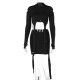 Women Fashion Sexy Solid Color Ripped Long Sleeve Crop Slim Fit Skirt Two-Piece Set