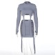 Women Fashion Sexy Solid Color Ripped Long Sleeve Crop Slim Fit Skirt Two-Piece Set