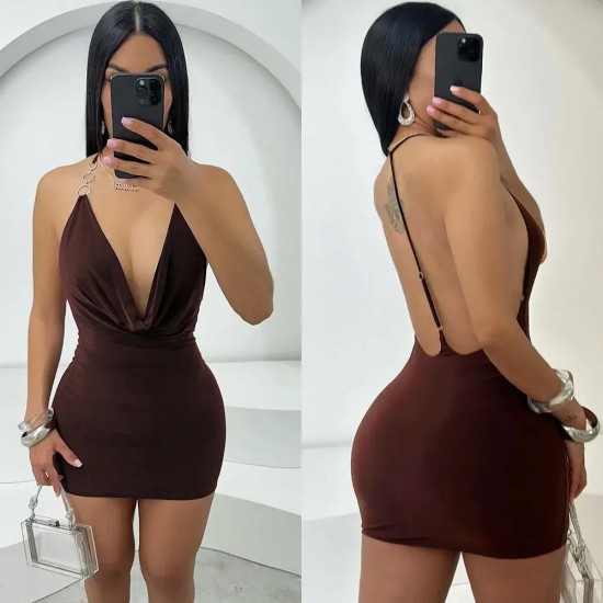 Women Nightclub Sexy Solid Color Neck Hanging Backless Bodycon Dresses