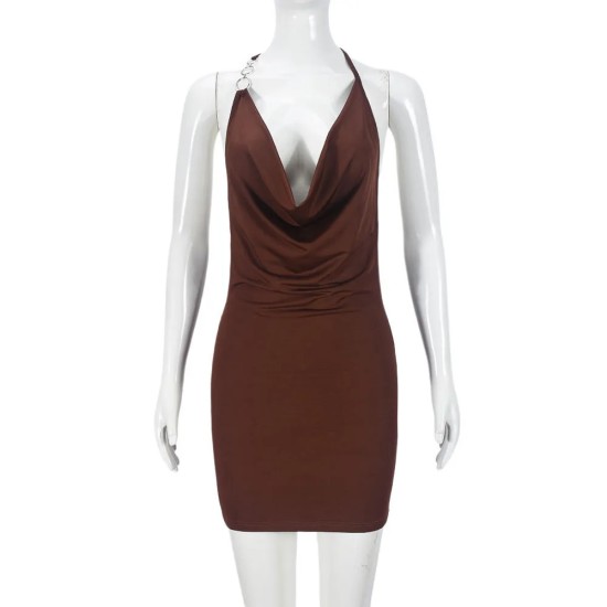 Women Nightclub Sexy Solid Color Neck Hanging Backless Bodycon Dresses