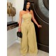 Women Fashion Solid Color Strapless Sleeveless Metal Button Wide Leg Jumpsuits