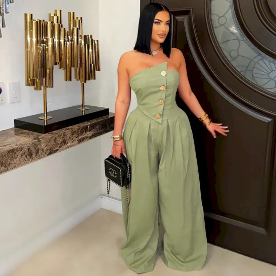 Women Fashion Solid Color Strapless Sleeveless Metal Button Wide Leg Jumpsuits