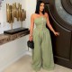 Women Fashion Solid Color Strapless Sleeveless Metal Button Wide Leg Jumpsuits