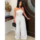 Women Fashion Solid Color Strapless Sleeveless Metal Button Wide Leg Jumpsuits