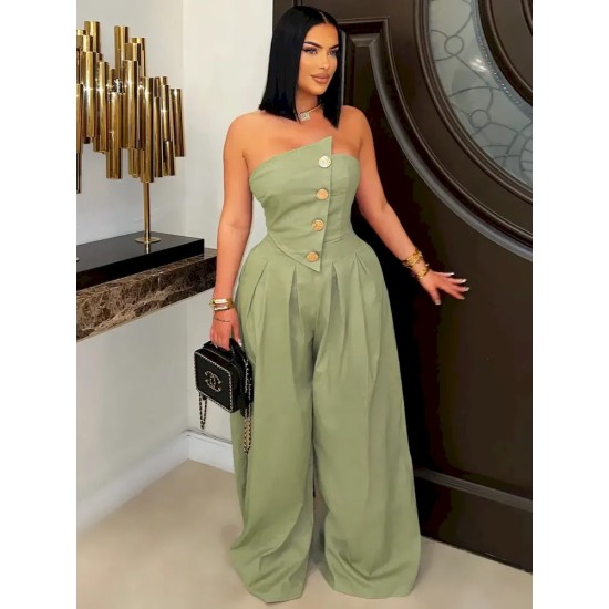 Women Fashion Solid Color Strapless Sleeveless Metal Button Wide Leg Jumpsuits