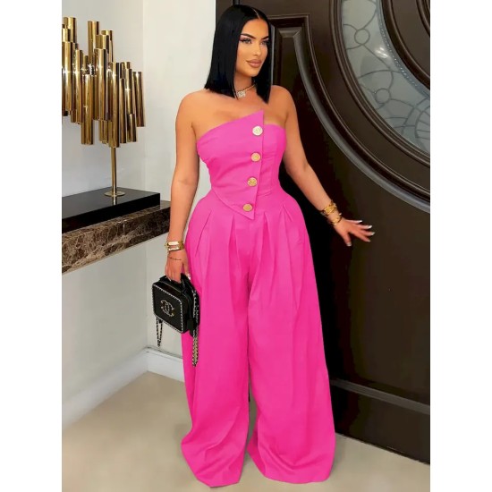 Women Fashion Solid Color Strapless Sleeveless Metal Button Wide Leg Jumpsuits