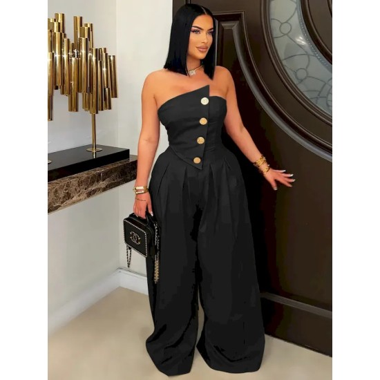 Women Fashion Solid Color Strapless Sleeveless Metal Button Wide Leg Jumpsuits