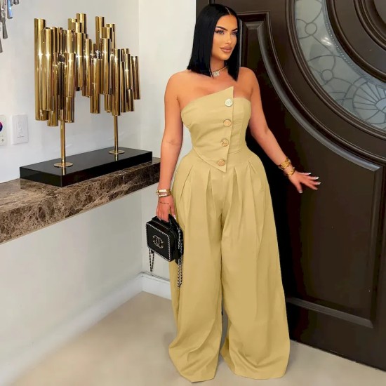 Women Fashion Solid Color Strapless Sleeveless Metal Button Wide Leg Jumpsuits