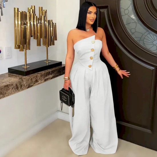 Women Fashion Solid Color Strapless Sleeveless Metal Button Wide Leg Jumpsuits