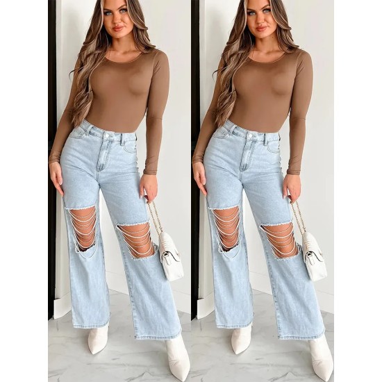 Women Hollow Ripped Chain Straight Jeans