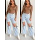 Women Hollow Ripped Chain Straight Jeans