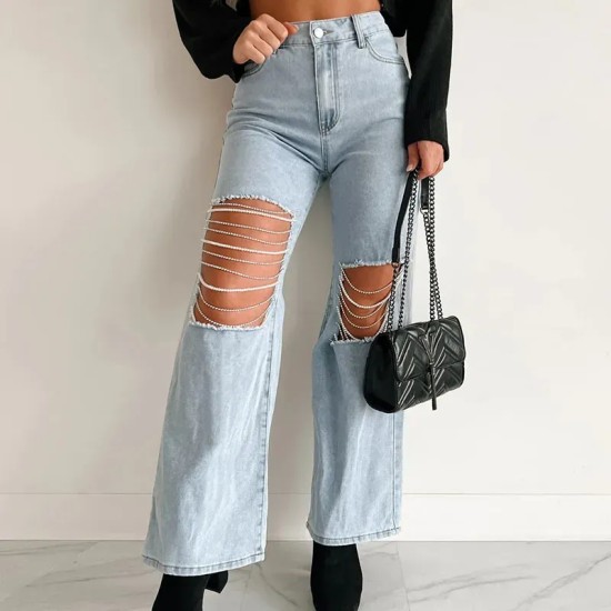 Women Hollow Ripped Chain Straight Jeans