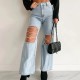 Women Hollow Ripped Chain Straight Jeans