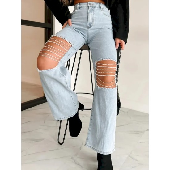 Women Hollow Ripped Chain Straight Jeans