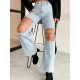 Women Hollow Ripped Chain Straight Jeans