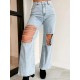 Women Hollow Ripped Chain Straight Jeans