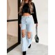 Women Hollow Ripped Chain Straight Jeans