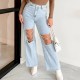 Women Hollow Ripped Chain Straight Jeans