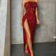 Women Fashion Sexy Strapless Off Shoulder Sequin Split Dinner Dress