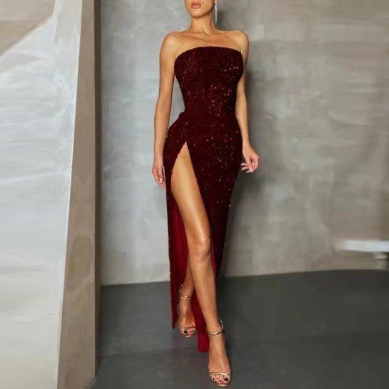 Women Fashion Sexy Strapless Off Shoulder Sequin Split Dinner Dress