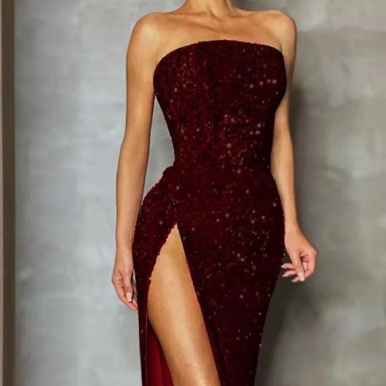 Women Fashion Sexy Strapless Off Shoulder Sequin Split Dinner Dress