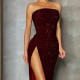 Women Fashion Sexy Strapless Off Shoulder Sequin Split Dinner Dress