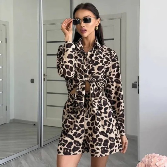 Summer Women Leopard Long-Sleeved Cardigan Shirt Shorts Two-Piece Set