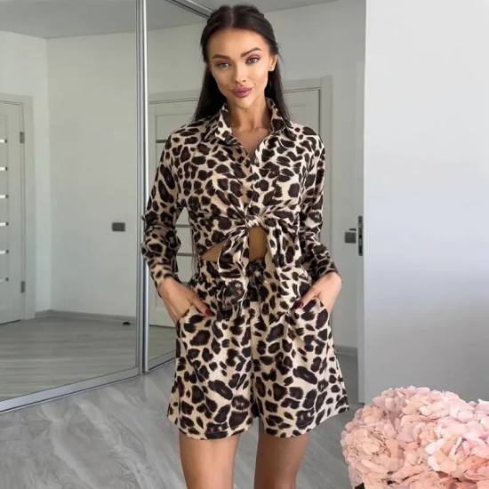 Summer Women Leopard Long-Sleeved Cardigan Shirt Shorts Two-Piece Set