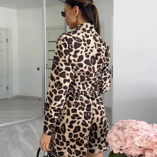 Summer Women Leopard Long-Sleeved Cardigan Shirt Shorts Two-Piece Set