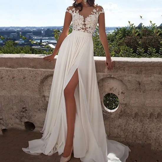 Women Sexy Lace Stitching Solid Color Side Split Party Dress