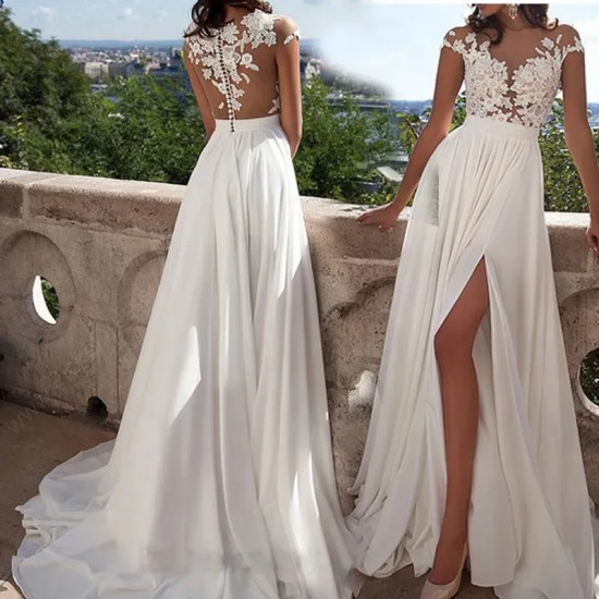 Women Sexy Lace Stitching Solid Color Side Split Party Dress