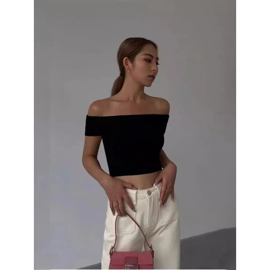 Solid Color Short-Sleeved Summer Women Off Shoulder Crop Top T-Shirt