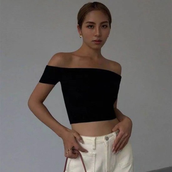 Solid Color Short-Sleeved Summer Women Off Shoulder Crop Top T-Shirt