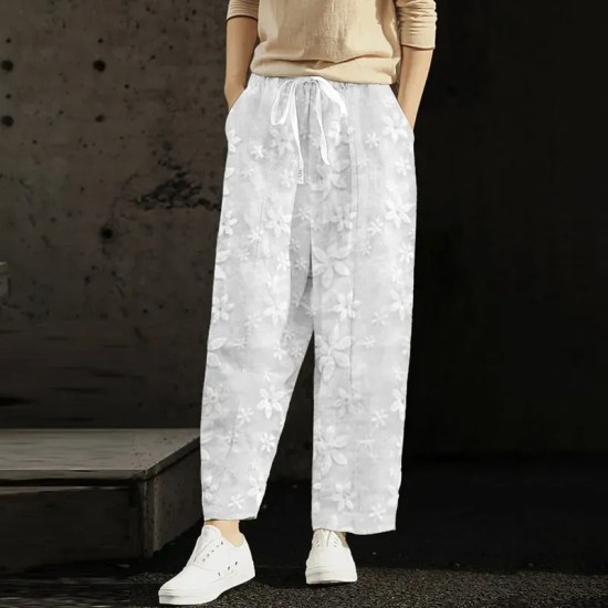 Summer Floral Embroidered Lace-Up Casual Women Crop Pants